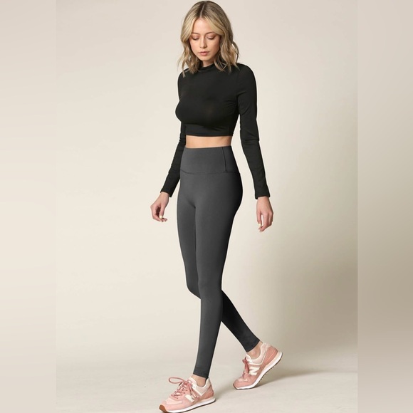 High Waisted Leggings with Inner Pocket Full-Length Yoga Pants -charcoal grey - Picture 4 of 5